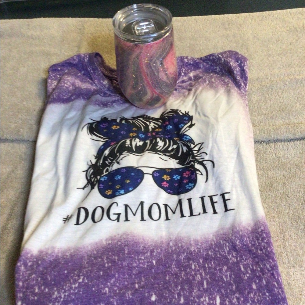 Purple and White #DogMomLife T-Shirt with a a wine Tumbler Bundle
